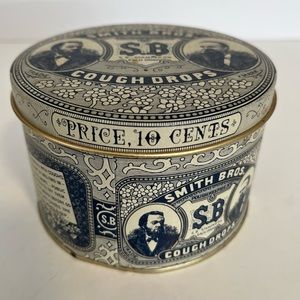 Decorative Tin Can Smith Bros Cough Drops Vintage Round 3" Tall Made Hong Kong